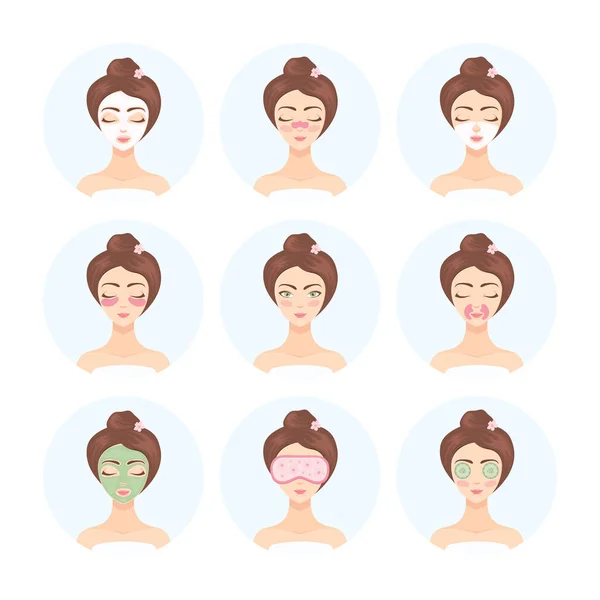 Conjunto Procedimientos Cosméticos Para Cuidado Facial Ocular Mujer Cuida Cara — Vector de stock