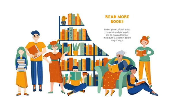 Irodalmi Rajongók Család Könyveket Olvas Otthoni Könyvtárban Különböző Nemű Korú — Stock Vector
