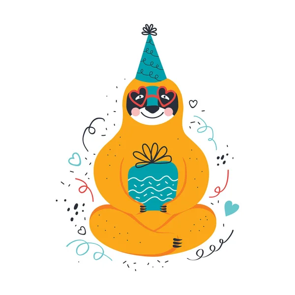 Urodziny Kawajskiego Leniwca Cute Niedźwiedź Kreskówki Świątecznym Kapeluszu Zabawnych Okularach — Wektor stockowy