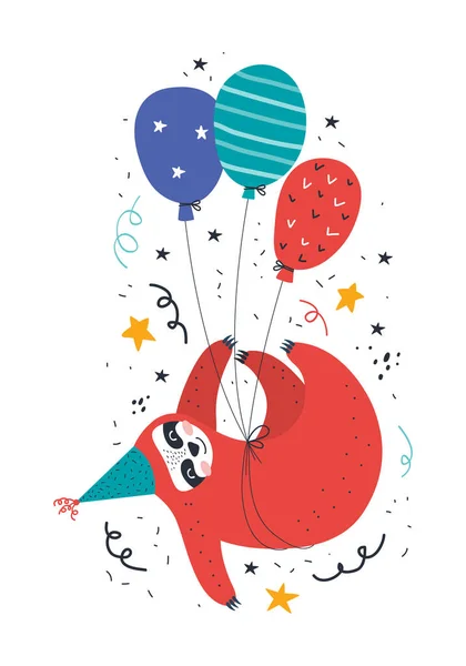 Aniversário Preguiça Kawaii Urso Desenho Animado Bonito Voando Balões Brilhantes —  Vetores de Stock