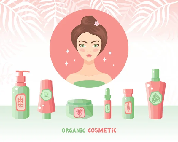 Beautiful Woman Takes Care Her Face Natural Herbal Organic Cosmetics — Stock Vector