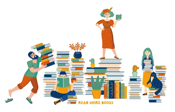 Edebiyat hayranları. Aile kitap okur. Anne, baba, kız, oğul ve kedi kitapların arasında. Zeki, eğitimli bir aile. Aile boş zamanlarını paylaşır. Kütüphanedeki insanlar. El çizimi vektör illüstrasyonu