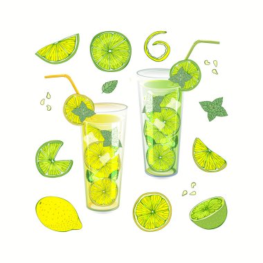 Yaz meyveli içeceği. Limonata ve Mojito farklı tabaklar doldurdular. Limon ve limon farklı dilimlere ayrılmış. El çizimi vektör çizimi. Citrus meyvesi. Vitaminli sağlıklı içecekler.