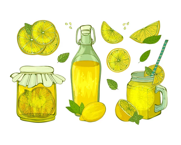 Yaz Meyveli Içeceği Limonata Farklı Tabaklara Döküldü Limon Farklı Dilimlere — Stok Vektör