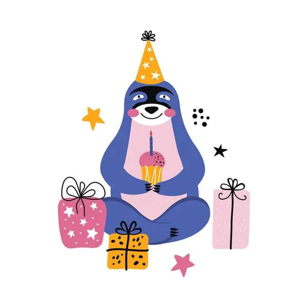 Lindo Perezoso Kawaii Sosteniendo Pastel Cumpleaños Con Una Vela Osito — Vector de stock