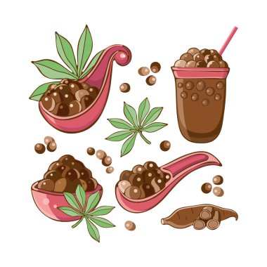 Balonlu çay için Tapioca siyah inci. El çizimi illüstrasyon.