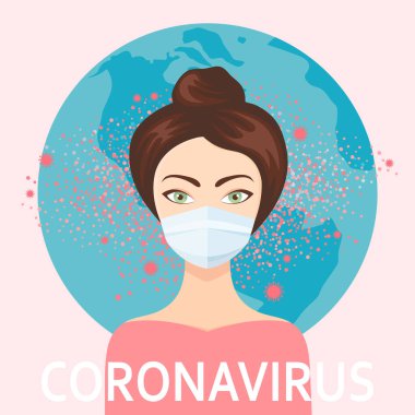 Roman Coronavirus 2019-Ncov. Virüs bulaşmış bir kürenin arka planında koruyucu bir tıbbi maske takan genç bir kadın. Çin 'de Coronavirus. Beyaz tıbbi maskeli insanlar. Coronavirus karantinası.