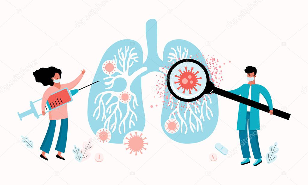 Novel coronavirus 2019-nCoV. Virus diagnosis and patient treatment concept vector illustration. Coronavirus test, patient isolation quarantine and treatment, vaccine development. Infected human lungs.