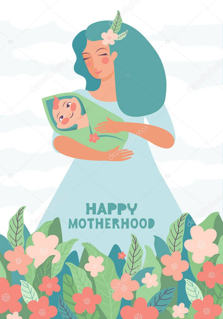 Young mother holds a baby in her arms against a background of flowers and sky. Happy motherhood hand-drawn typography. Happy little baby with mom. Happy Mother s Day greeting card. Vector illustration