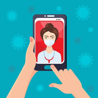 Coronavirus 2019-NCoV Çin 'de. Doktor çevrimiçi başvuru yoluyla danışmanlık yapıyor. Sanal doktor hastaya internet üzerinden danışıyor. Küresel virüs salgını kavramı. Vektör düz resimleme