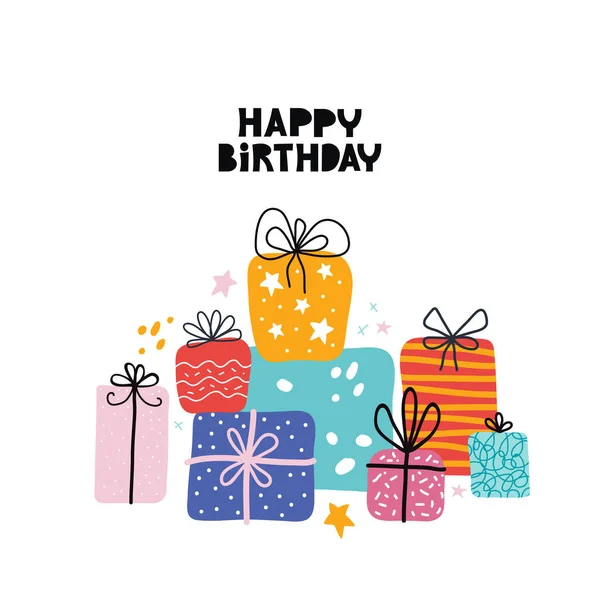 Doğum günü tebrik kartı tasarımı. Bday, doğum günü tipografisi ile birlikte kartpostal ya da afiş düz şablon sunar. Hediyeler ve farklı grafik öğeler yığını. El çizimi İskandinav tarzı