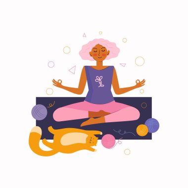 Genç bir kadın ve komik kırmızı bir kedi evde yoga yaparak vakit geçiriyorlar. Evde vakit geçirmek. En sevdiğin evcil hayvanınla evde vakit geçirmek. Kadın Lotus pozisyonunda oturur ve meditasyon yapar. Vektör illüstrasyonu