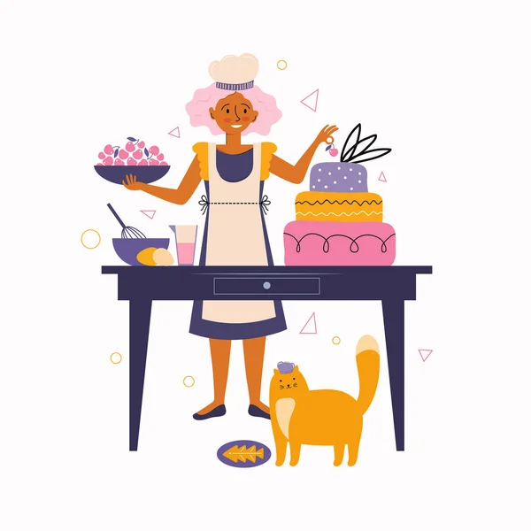 Jovem Com Gato Vermelho Cozinha Cozinha Chef Pastelaria Decora Bolo — Vetor de Stock