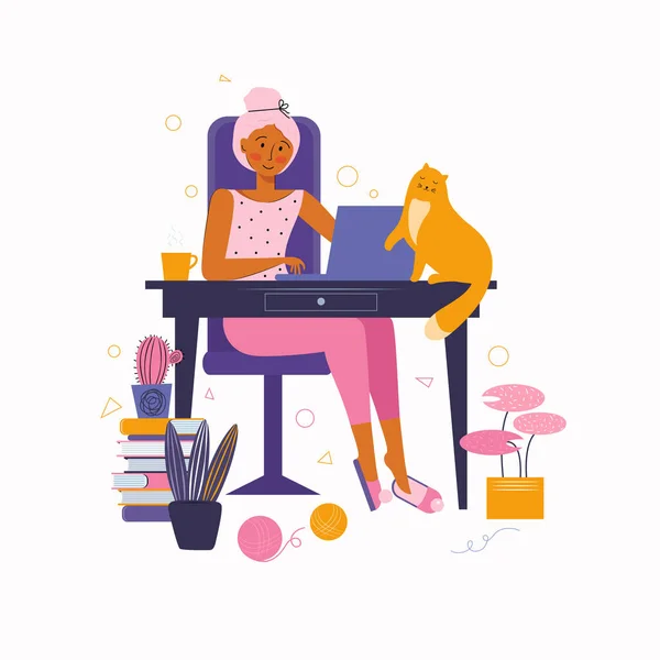 En freelance. Travail à distance depuis la maison. Jeune femme travaille en ligne sur un ordinateur portable de la maison. Passer du temps à la maison. Temps à la maison avec votre animal préféré. Restez à la maison pendant la quarantaine. Illustration vectorielle . — Image vectorielle