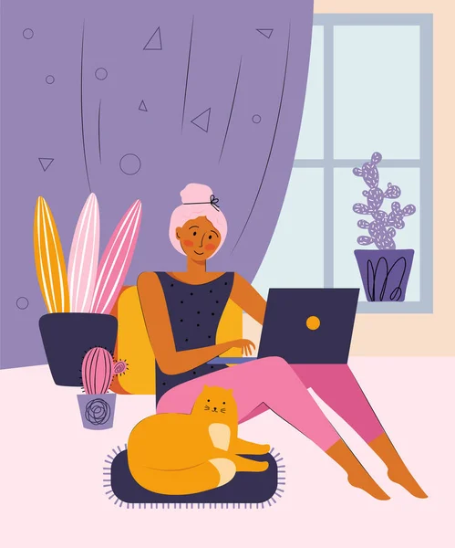 Young woman spends time at home at the computer. Home leisure with your favorite pet and entertainment. Work via the Internet, watch movies, chat with friends, and study online. Spending time at home. — Stock Vector