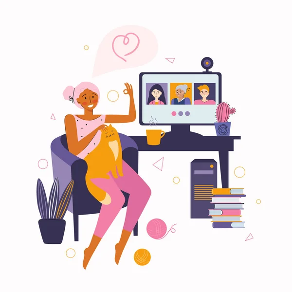 Woman communicates with friends and relatives through online video communication. Spending time at home. Desktop computer with group of people taking part in video conference. Video call to friends. — Stock Vector