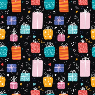 Doğum günü hediyesi kutuları düz vektörsüz İskandinav tarzında. Hediyeler ve hediyeler siyah arkaplan üzerine festival ambalaj kağıdı. Kutlama, tebrik kartı arkaplanı.