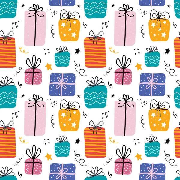誕生日プレゼントボックスフラットベクトルシームレスパターンでスキャンディナヴィアスタイル プレゼントやギフトお祝い包装紙 お祝い グリーティングカードの背景 テキスタイル 包装紙のデザインのアイデア — ストックベクタ