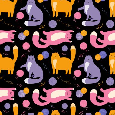 Topla oynayan komik kedicik. Düz vektör deseni. El çizimi sevimli evcil hayvan. Kediler ipliklerle oynarlar. İskandinav dekoratif tekstil, duvar kağıdı, kağıt tasarımı fikri.