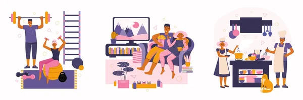 Young Couple Spend Time Home Spending Time Together Family Home — Stock Vector