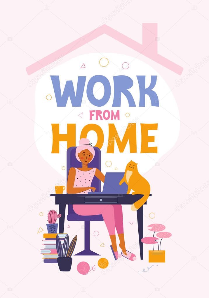 Freelance woman working on laptop or at her house, dressed in home clothes. Spending time and remote working at home online. Time for yourself. People in quarantine. Vector flat style illustration.