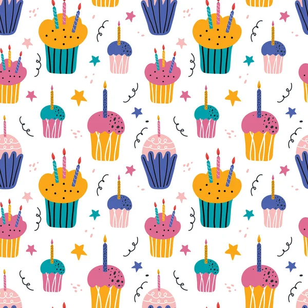 Happy holiday cream cake with candles flat vector seamless pattern. Sweet holiday pastries, muffin, cupcake with confetti. Hand drawn festive background in Scandinavian style. Anniversary desserts. — Stock Vector