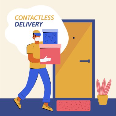 Contactless delivery. ourier in a medical mask and gloves delivering box with an order to the door of a house or apartment. Online purchases during a quarantine. Online store service. Flat vector clipart