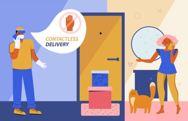Safe contactless delivery to home. Courier in a protective medical mask and gloves delivers a box with an order to the door of an apartment, house. Safe distance. Online purchases during a quarantine clipart