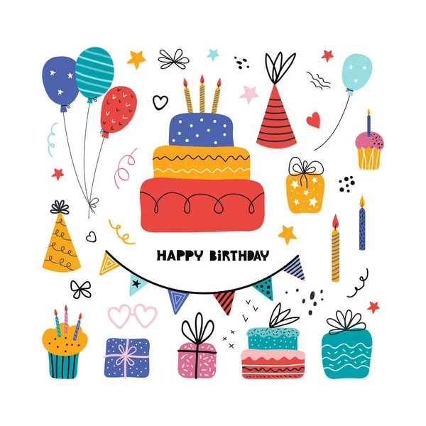 Birthday party isolated elements set. Hand drawn illustrations, Greeting card, invitation design elements. Cakes with candles, balloons. Holiday celebration, party decoration. Handwritten lettering