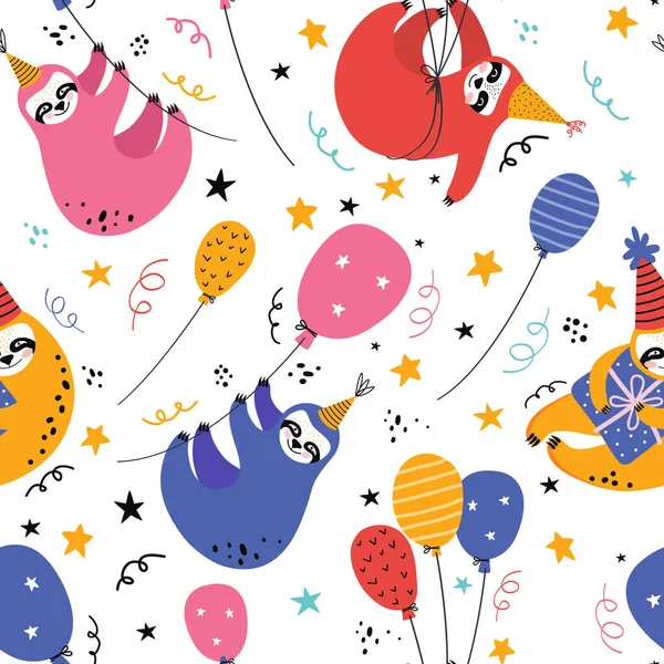 Funny Sloth Party Balloons Seamless Pattern Birthday Cute Bear Animal — Stock Vector
