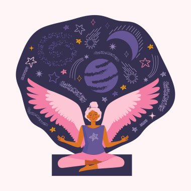 Genç bir kadın karantinada yoga ve meditasyon yapıyor. Evrenin, yıldızların ve evrenin arasında meditasyon yapan sanal kanatları olan bir kız. Faydalı şeylerle evde vakit geçir. Vektör illüstrasyonu