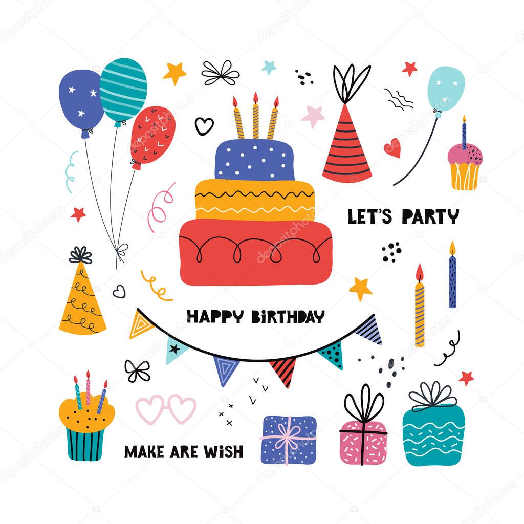 Birthday party isolated elements set. Hand drawn illustrations, Greeting card, invitation design elements. Cakes with candles, balloons. Holiday celebration, party decoration. Handwritten lettering.