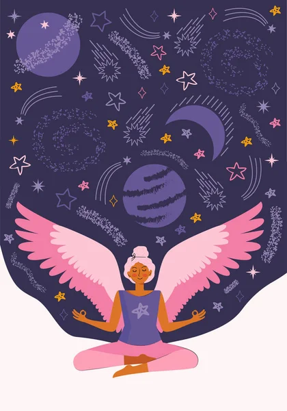 Mujer joven practica yoga y meditación en casa en cuarentena. Chica con alas virtuales medita entre el cosmos, las estrellas y el universo. Pase tiempo en casa con beneficios. Ilustración vectorial plana . — Vector de stock