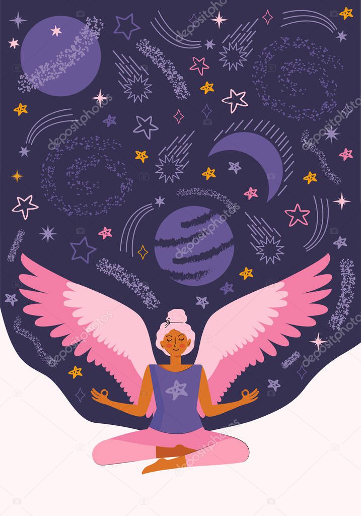 Young woman practices yoga and meditation at home in quarantine. Girl with virtual wings meditates among the cosmos, stars and the universe. Spend time at home with benefits. Flat vector illustration.