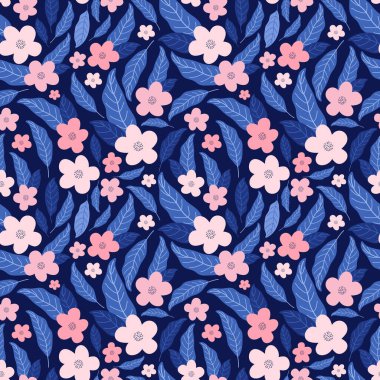 Soyut çiçek el çizimi vektör pürüzsüz desen. Çiçekli sakura, kiraz ve yapraklar. Bahçe çiçekleri dokusu. Botanik geçmişi. Çiçekli tekstil, kumaş, ambalaj kağıdı tasarımı, moda baskıları..