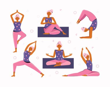 Genç kadın evde yoga ve meditasyon yapıyor. Farklı yoga pozları ve asmalar koleksiyonu. Evde eğitim. Kız spor yapıyor, spor yapıyor, spor yapıyor spor yapıyor, spor yapıyor, ısınıyor, rahatlıyor. Vektör düzlüğü.