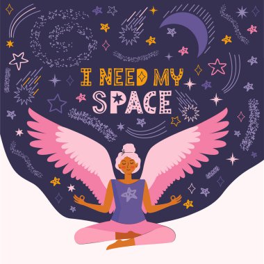 Genç kadın evde yoga ve meditasyon yapıyor. Sanal kanatları olan bir kız evrende, yıldızlarda ve evrende meditasyon yapıyor. Evde vakit geçir. El çizimi harfler. Düz vektör illüstrasyonu.