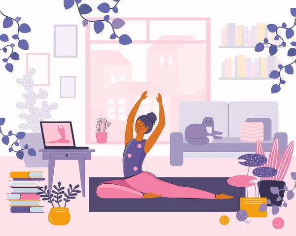 Blijf thuis concept. Meisje kijkt online lessen op laptop, beoefent yoga, meditatie. Live stream, internet onderwijs. Vrouw doet oefeningen in gezellige ruimte modern interieur. Tijd thuis doorbrengen — Stockvector