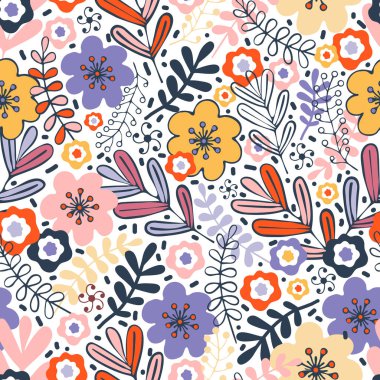 Orman ve çayır çiçekleri ve çim el kusursuz desenler çiziyor. Bitkilerin, sapların, yaprakların, dalların botanik soyut arka planı. Doğal yaz grafik tasarımı. Moda baskısı için şablon