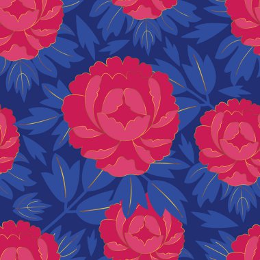 Koyu mavi arka planda altın sarısı, pürüzsüz desenli parlak pembe Çin şakayıkları. Dekoratif çiçek arkaplanı. Asya 'nın geleneksel çiçekleri. Tekstil, duvar kağıdı, kağıt üretmek için lüks desen