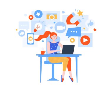 Genç bayan blogcu evde bir dizüstü bilgisayar üzerinde çalışıyor. İnternet ve sosyal ağlarda iletişim ve aktivite. Freelancer internet üzerinden iş yapıyor. Mobil uygulama, gönderileri ve yorumları olan servis