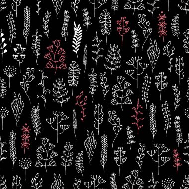 Çayır ve orman çimleri ellerinin pürüzsüz desenleri var. Bitkilerin, çiçeklerin, yaprakların ve sapların doğal yaz arkaplanı. Farklı bitkilerle temizleme. Botanik çiçekli grafik tasarımı. Vektör illüstrasyonu.