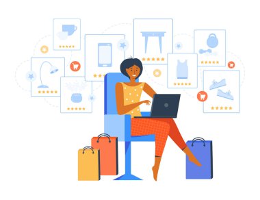 İnternetten alışveriş. Genç bir kadın evde dizüstü bilgisayarla vakit geçirir ve internetten alışveriş yapar. Müşteri sipariş edilecek malları seçer. E-ticaret. Çevrimiçi sipariş. Düz vektör illüstrasyonu.
