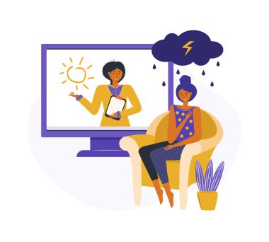 Çevrimiçi psikolojik danışmanlık. Üzgün ve bunalımda olan bir kadın yardım istedi. Evde psikolojik yardım alıyorum. Uzman konsültasyonlar için online uygulama. Akıl hastalığı ve hayat sorunları. Vektör düzlüğü