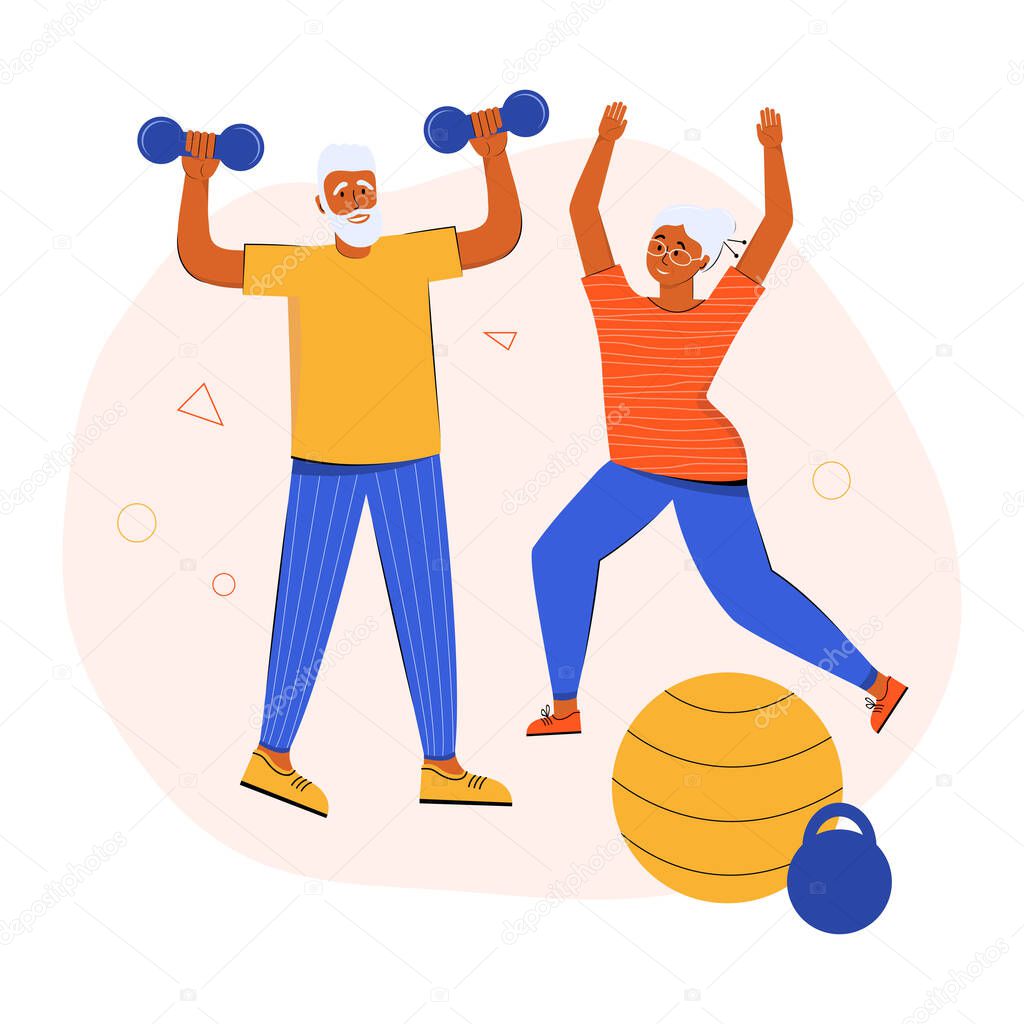 An active elderly couple doing sports together at home. Grandparents lead a healthy lifestyle. Active seniors training in gym. Seniors people train using dumbbells and do gymnastics, stretching.