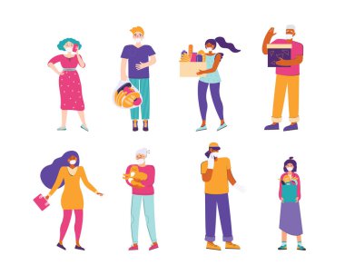 Salgın ve karantina sırasında tıbbi koruyucu maskeli bir grup insan. Farklı milletlerden ve yaşlardan erkekler ve kadınlar güvenli bir sosyal mesafeyi koruyorlar. Enfeksiyondan korunma. Düz vektör