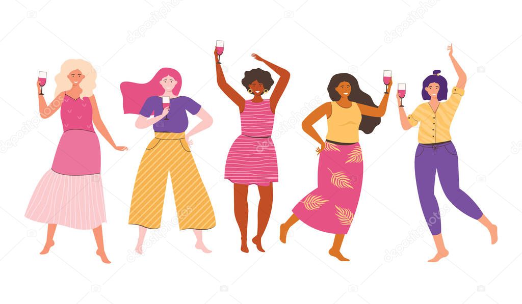 Female friendship. Women friends spend time together at a party. People dance, have fun, laugh, drink wine. Women of different nationalities and cultures. Sisterhood. Vector flat illustration.
