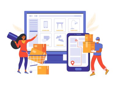 Çevrimiçi bir mağazadan çevrimiçi sipariş ve ulaşılamayan teslimat. İnternetten alışveriş ve e-ticaret. Kadın siteden alışveriş yapıyor. Tıbbi maskeli bir kurye, Navigator uygulamasını kullanarak ürünü teslim eder..