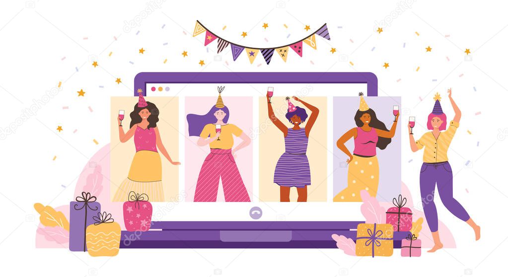 Online party, birthday, meeting friends. Friends communicate via video chat. Women have fun, laugh, talk and drink wine. Online chat using the video app. Fun time at home. Vector flat illustration.
