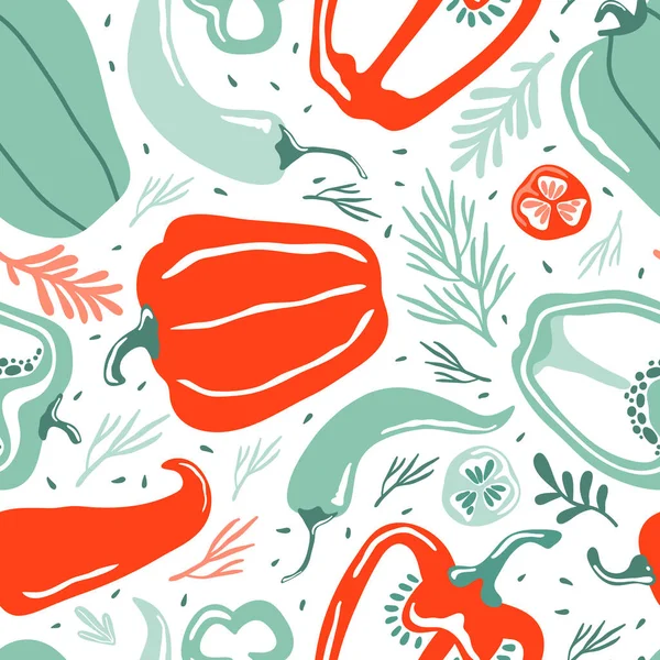 Ручной Рисунок Красочные Каракули Овощи Органическом Стиле Бесшовный Узор Красный — стоковый вектор